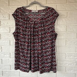 Jones Studio Women's‎ Blouse Cap Sleeve Size 3X Geo Pattern Red/Gray